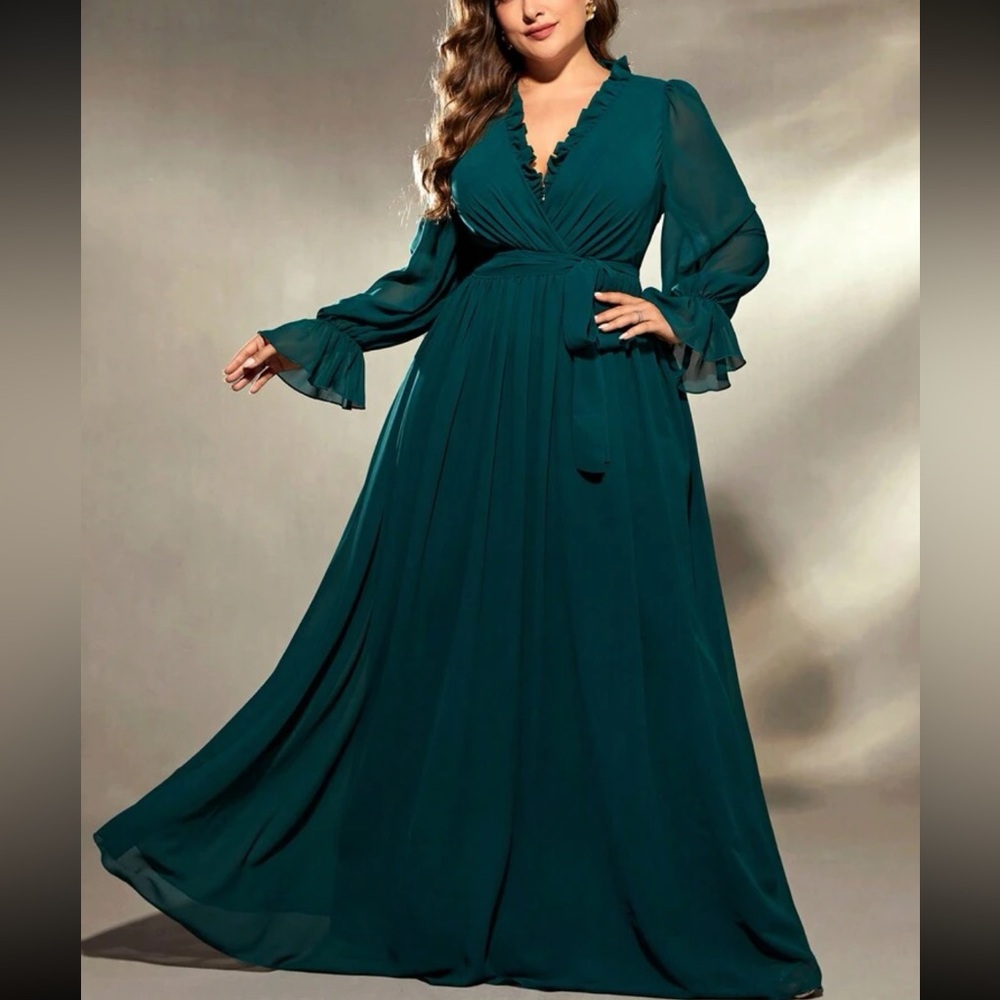 Luxe green flare sleeve ruffle belted wrap party formal evening gown dress